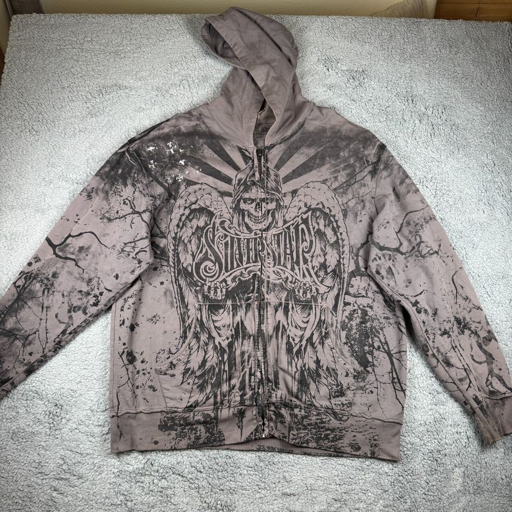 Silver Star Men Sweatshirt Large Gray Hoodie‎ Y2K Cross Skull Grunge Full Zip